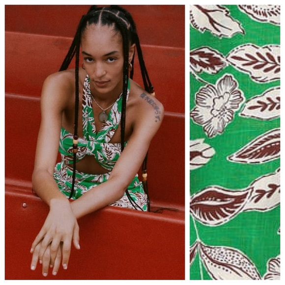 NWT. Zara Green Linen/Cotton Cut-Out Tropical Print Jumpsuit/Romper. Size L. - Picture 2 of 10